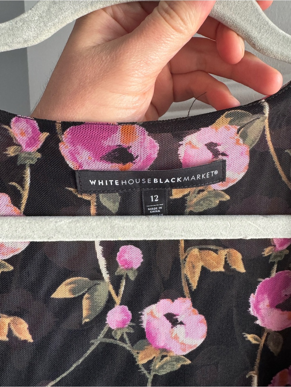 White House Black Market Black Long Sleeve Floral Midi Dress with Pink Blooms - Picture 5 of 6
